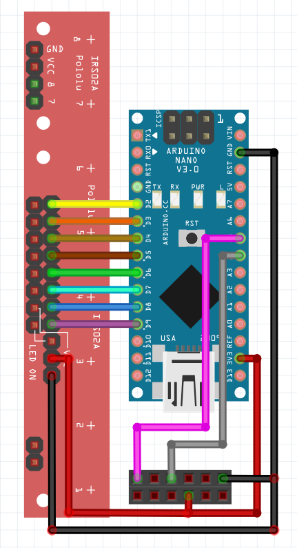 Wiring diagram, Arduino Nano connected to the Rover over I2C