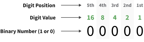 Place values for the first 5 binary digits, 1, 2, 4, 8, 16