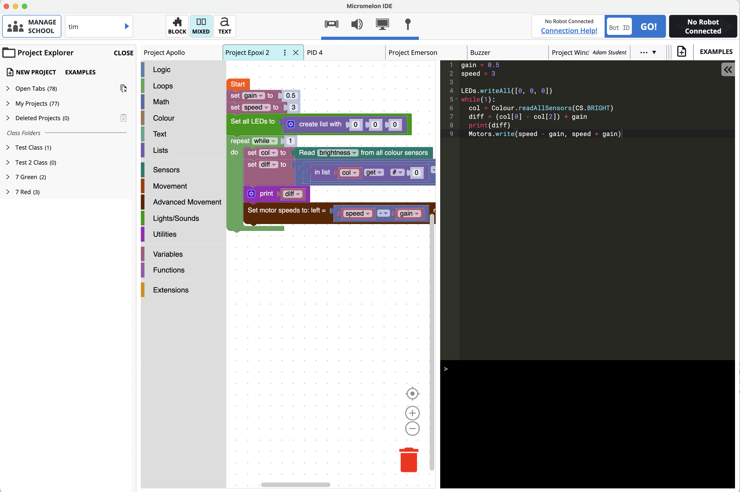 New Project Explorer panel showing open tabs and class folders