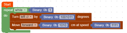 Example code, square movement loop with binary numbers