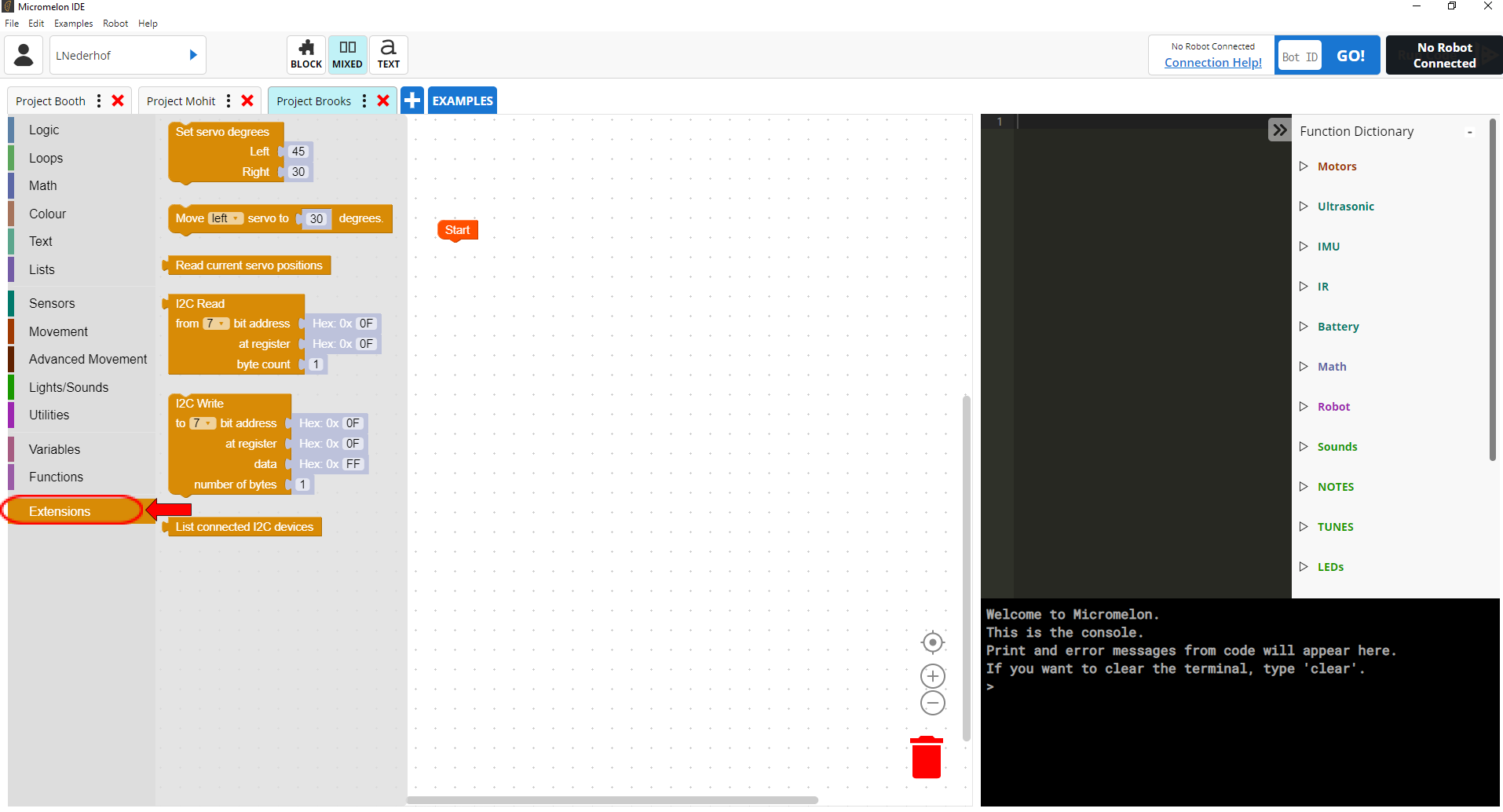 Servo blocks in the Extension category