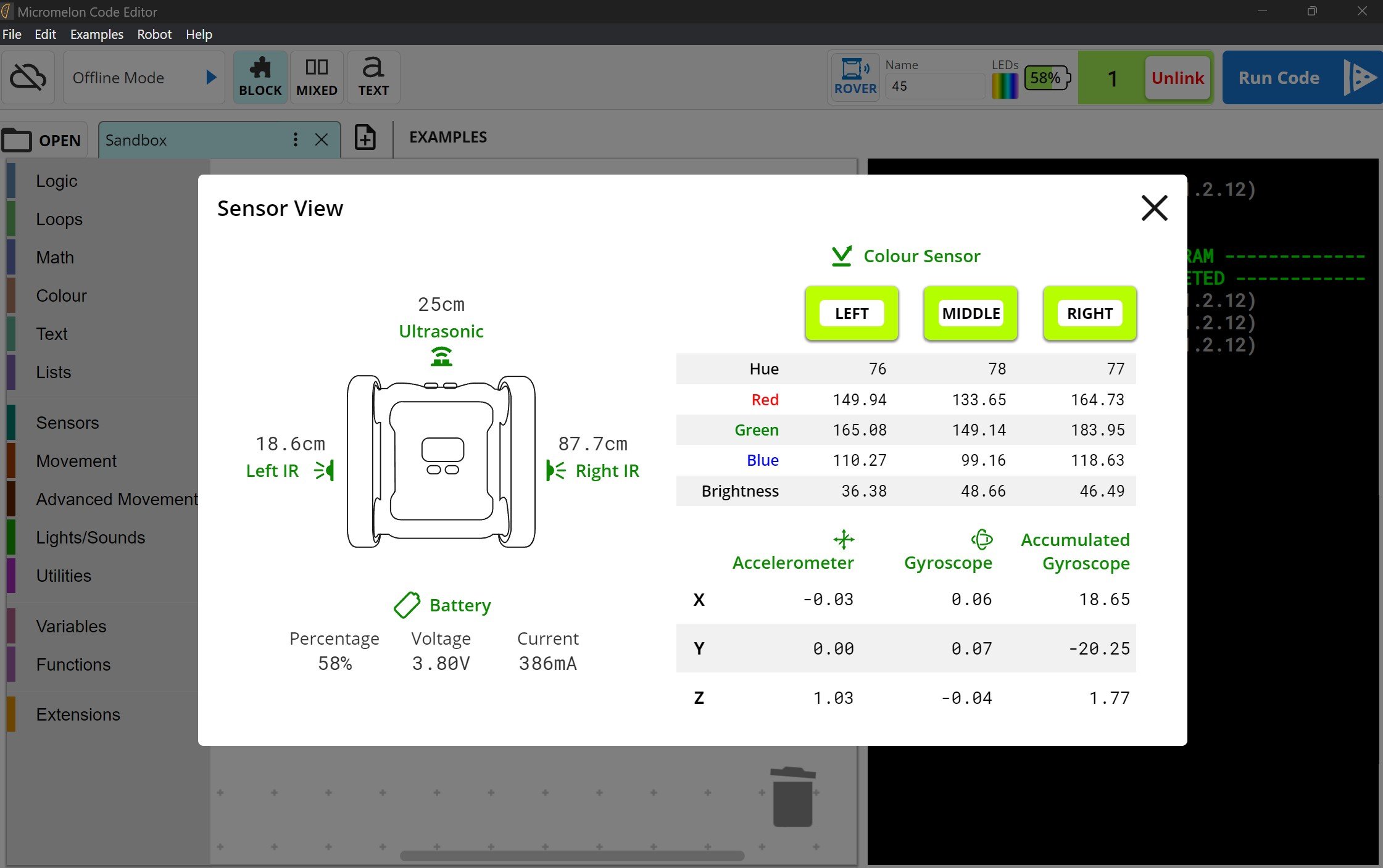 The Rover View showing live sensor data