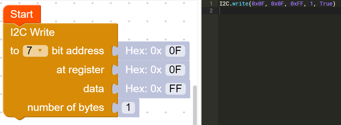 I2C write block, slave address, register, data, byte count