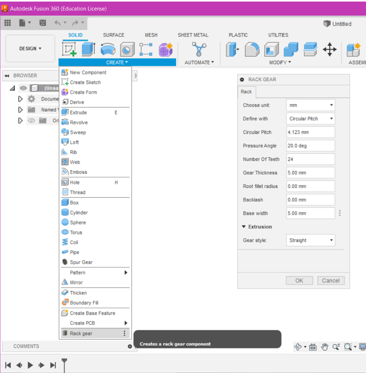 Rack Gear add-in dialog